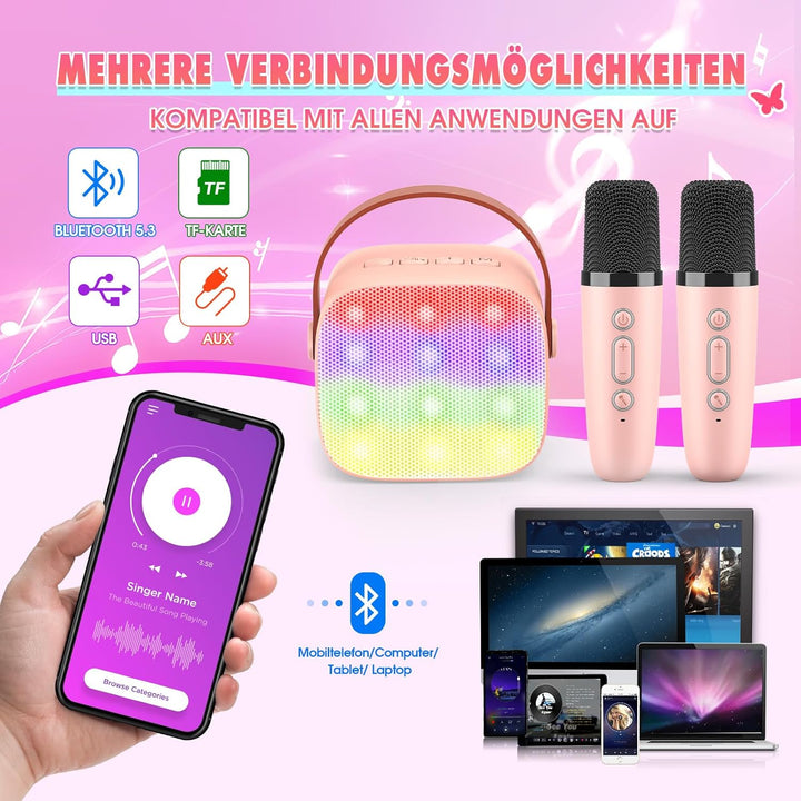Dislocati Karaoke Maschine mit 2 Bluetooth Mikrofon, Mädchen Geschenke Spielzeug für 3-12 Jahre Mini