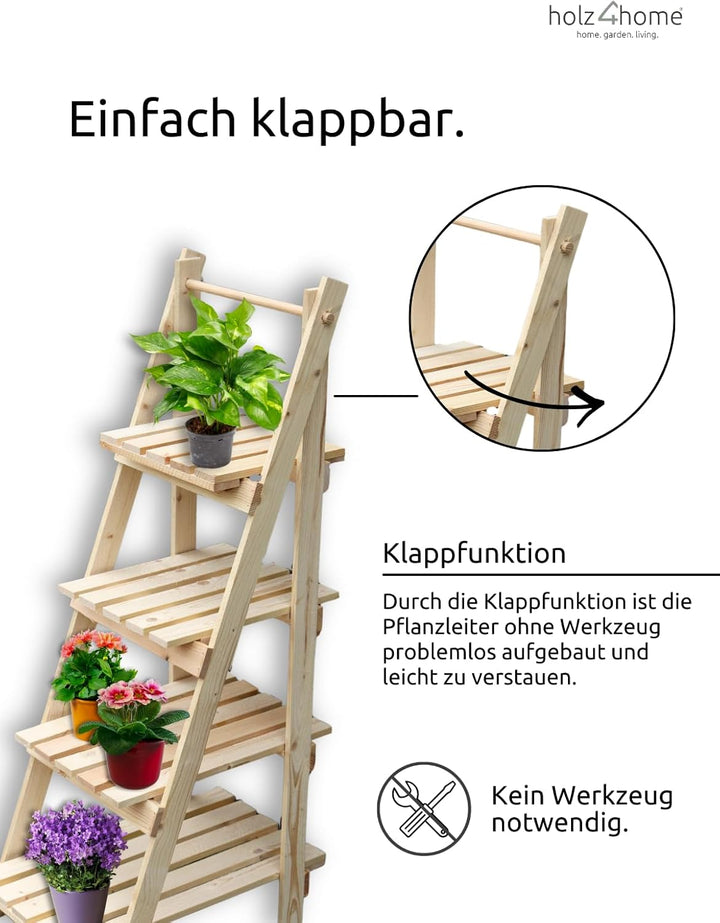 holz4home® Pflanzleiter mit 4 Ablagen I Grösse: 52,5 x 109 x 35 cm I Blumentreppe aus Tannenholz hel