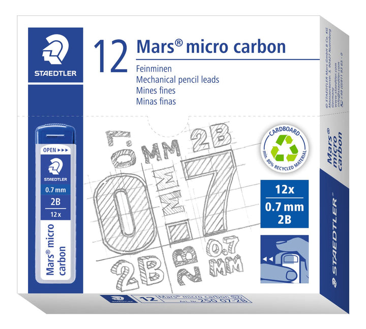 STAEDTLER 250 07-2B Mars Micro Feinminen, Minendurchmesser 0.7 mm, 2B, 12 Stück, graphitgrau
