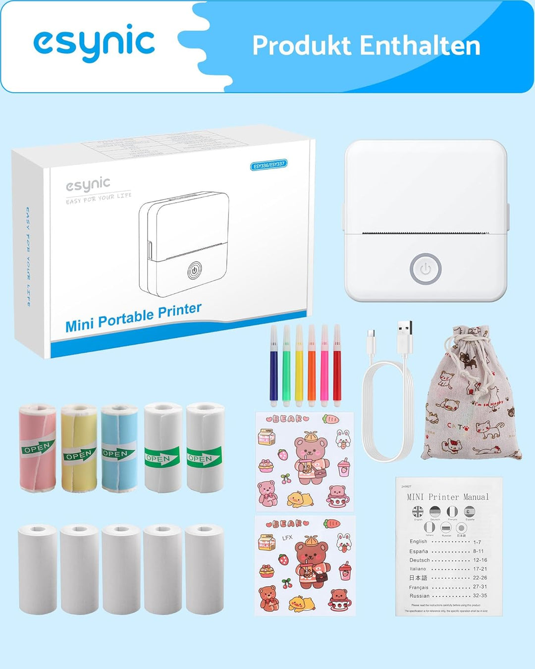 eSynic Mini Thermodrucker Tragbarer Bluetooth-Drucker für Fotos Notizen & Etiketten 200dpi Kompatibe