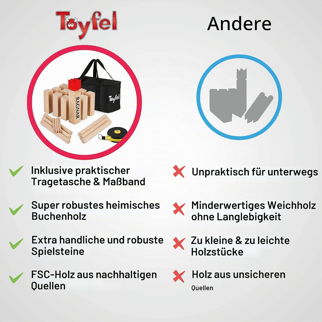 Toyfel Schwedenschach XXL – Kubb Spiel aus Massivholz Geschicklichkeitsspiel - Outdoor Spiel mit pra