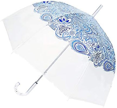 SMATI Durchsichtiger Regenschirm transparent Stockschirm Glockenform Blau Paisleymuster, Blau Paisle