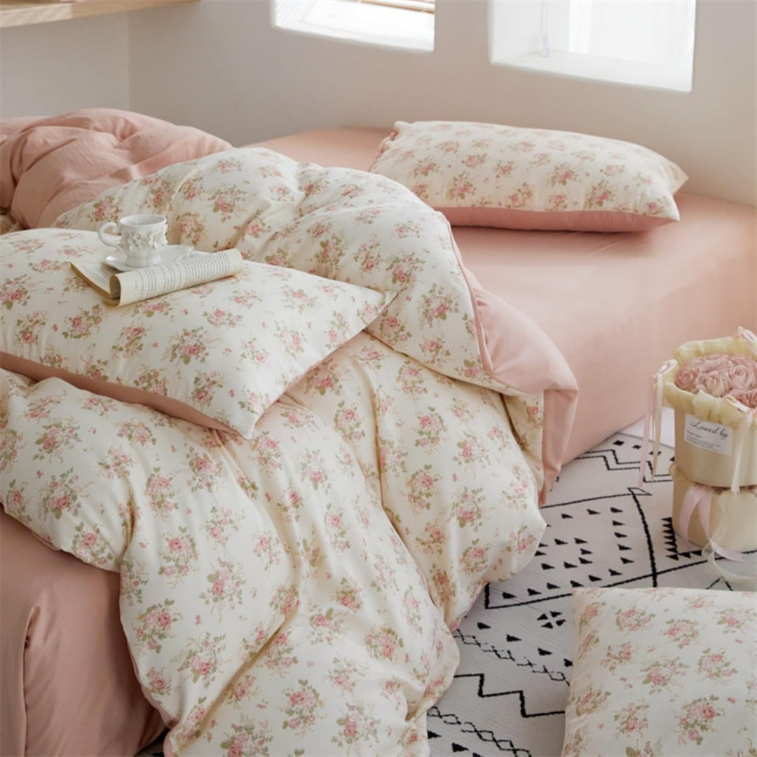 Freyamy Blumen Bettwäsche 135x200cm 2teilig Beige Rosa Grün Floral Mädchen Bettwaren-Sets Microfaser