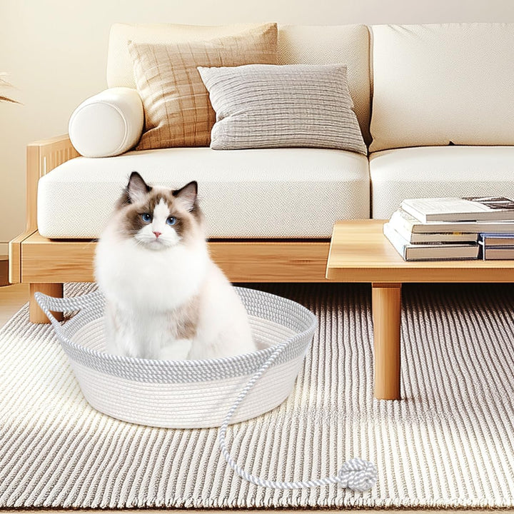 Katzenbett mit Spielzeug Schwanz, Handgewebt Langlebig Katzenkorb aus Rundbaumwollseilen als Katzens