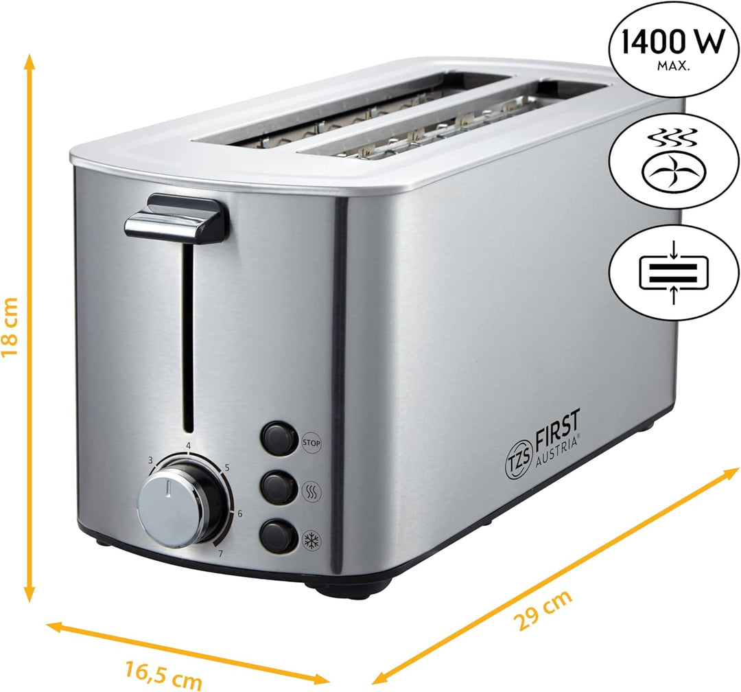 TZS First Austria Toaster Langschlitz, Edelstahl, 4 Scheiben, 1400W, mit abnehmbarem Brötchenaufsatz