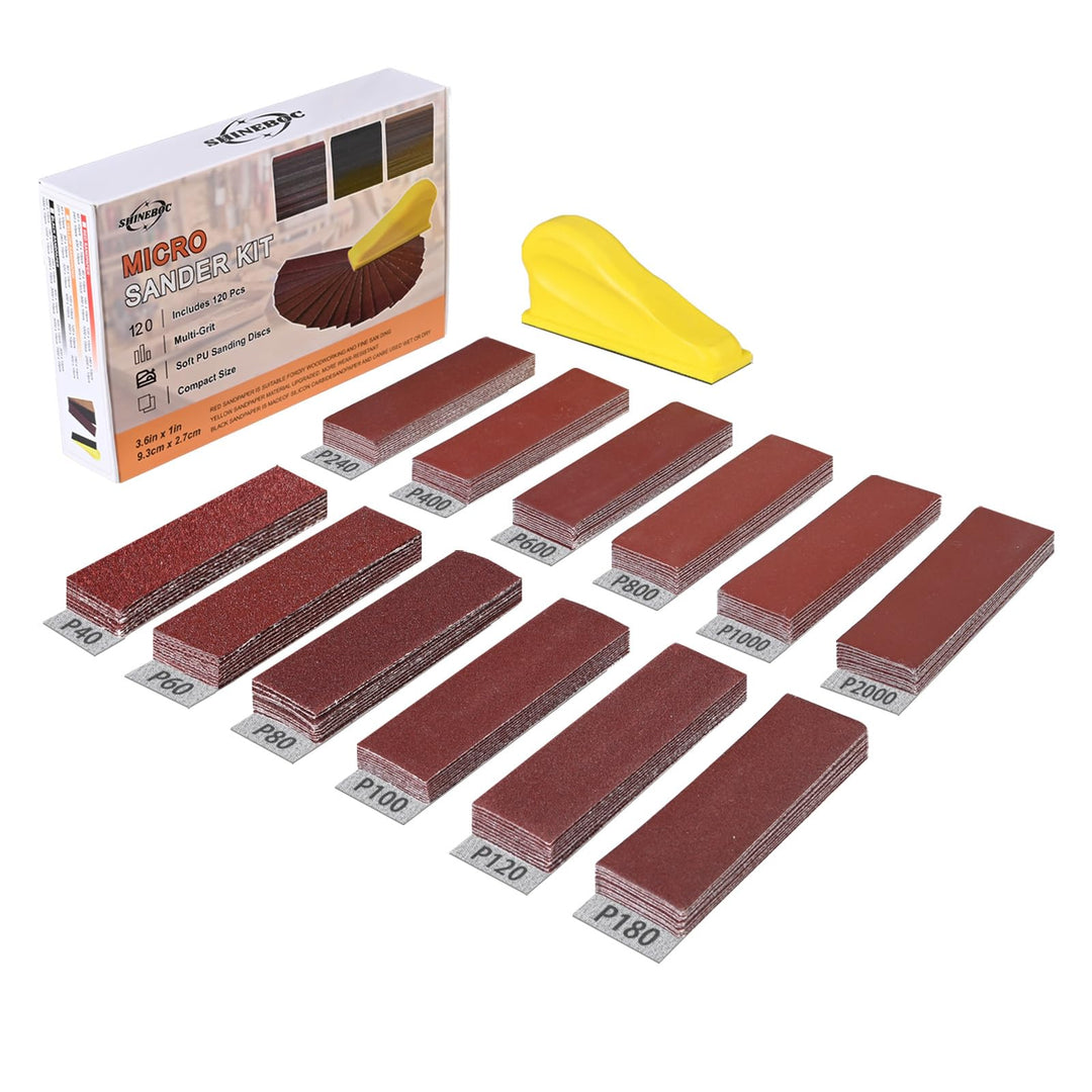 Shineboc 120 Stück Schleifpapier mit 90x30 mm Schleifklotz Set, Mini Schleifwerkzeuge, 40/60/80/100/