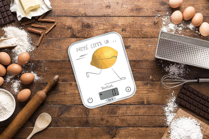 Tefal OPTISS Decor BC5135V0 Küchenwaage, gepresst wie eine Zitrone, Skala von 5 kg/1 g, Flüssig-Tare