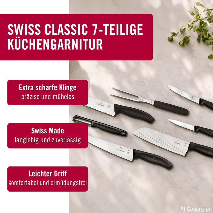Victorinox Swiss Classic Küchenmesser Set, Kochmesser, 7-teilig, inkl. Santokumesser, Brotmesser, Ge