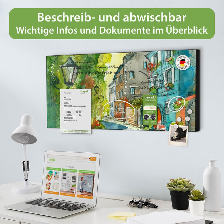 banjado Magnettafel schwarz 78 x 37cm / Magnetwand Metall/Magnetpinnwand als Memoboard/Pinnwand Magn