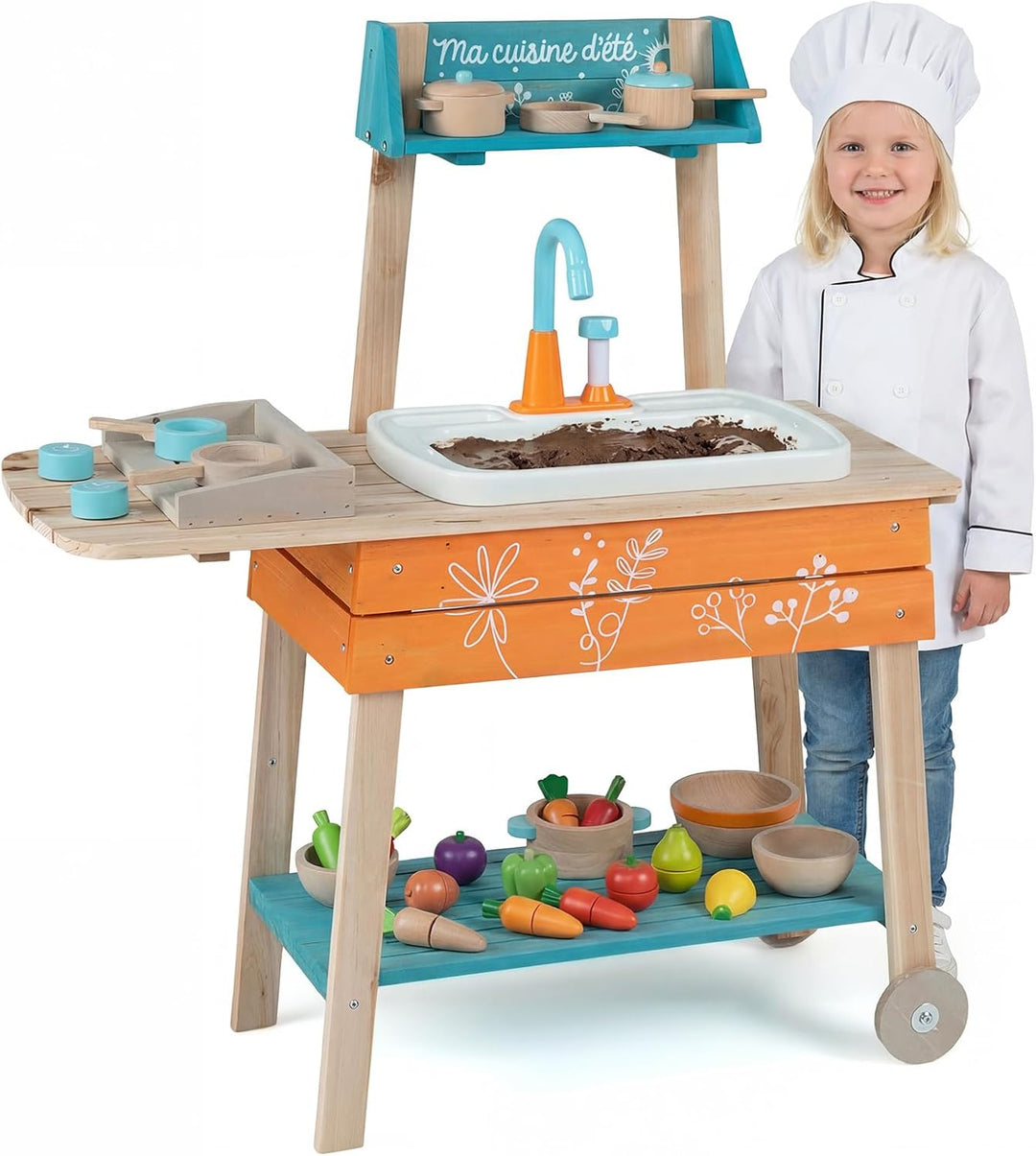 COSTWAY Matschküche Kinder Outdoor, Kinderküche Holz inkl. Spülbecken mit Wasserpumpfunktion, Garten