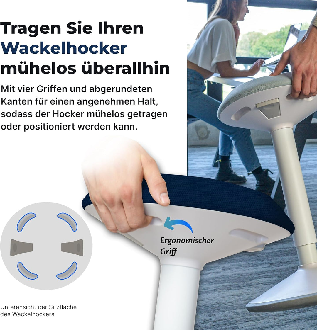 Backerz Ergonomischer Hocker - Bürohocker Testsieger mit 55-80 cm Stehhocker Höhenverstellbar mit Sc