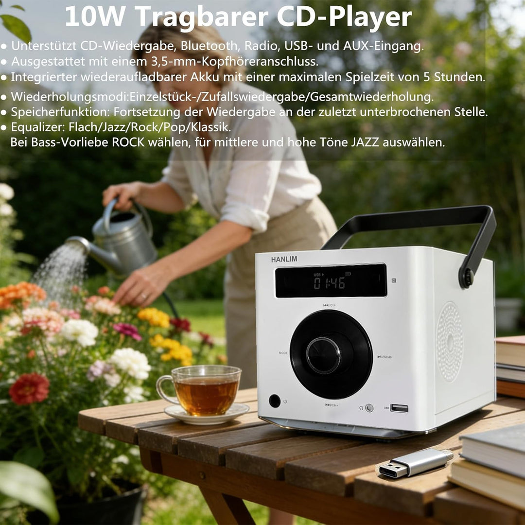 HANLIM Tragbarer CD-Player 20W Bluetooth-kompatibel/UKW-Radio/MP3-Wiedergabe/USB/AUX-Eingang/Kopfhör