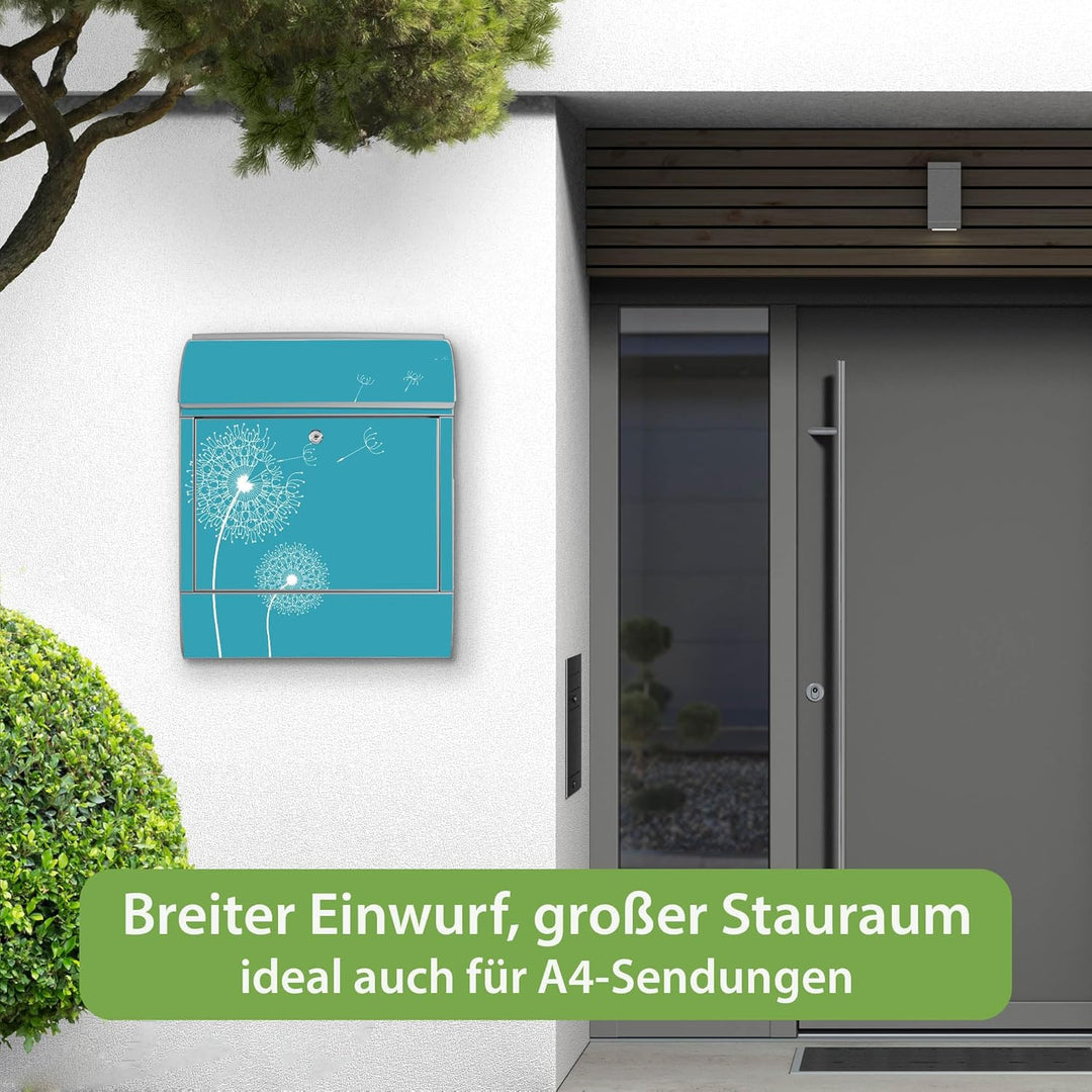 banjado® Design Briefkasten mit Motiv Pusteblume 4 39x47x14cm &amp; 2 Schlüssel - Briefkasten Stahl Silb