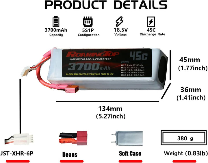 RoaringTop 18.5V 3700mAh 5S 45C RC Batterien Lipo Battery RC Hardcase Lipo Akku Pack mit Deans Ansch