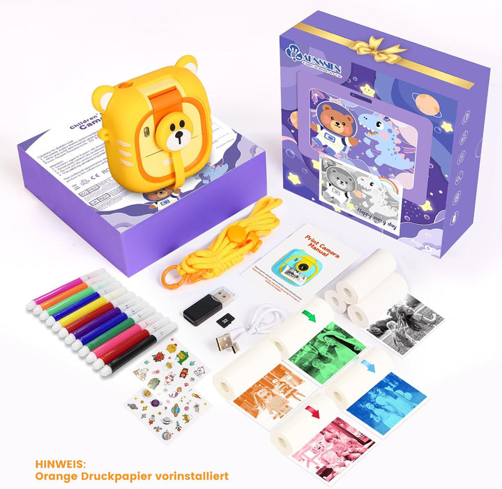 Sofortbildkamera Kinder,7 Druckpapier (4x Farbe: Orange/Rot/Grün/Blau + 3x SW), 2,4" Kinderkamera mi
