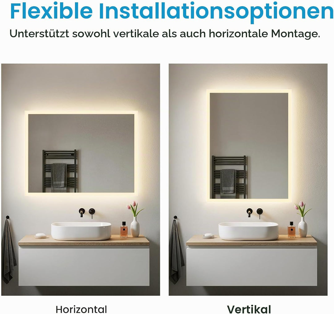 Heilmetz Badspiegel mit Beleuchtung 80x60cm Badezimmerspiegel mit Beleuchtung LED Badspiegel Warmwei