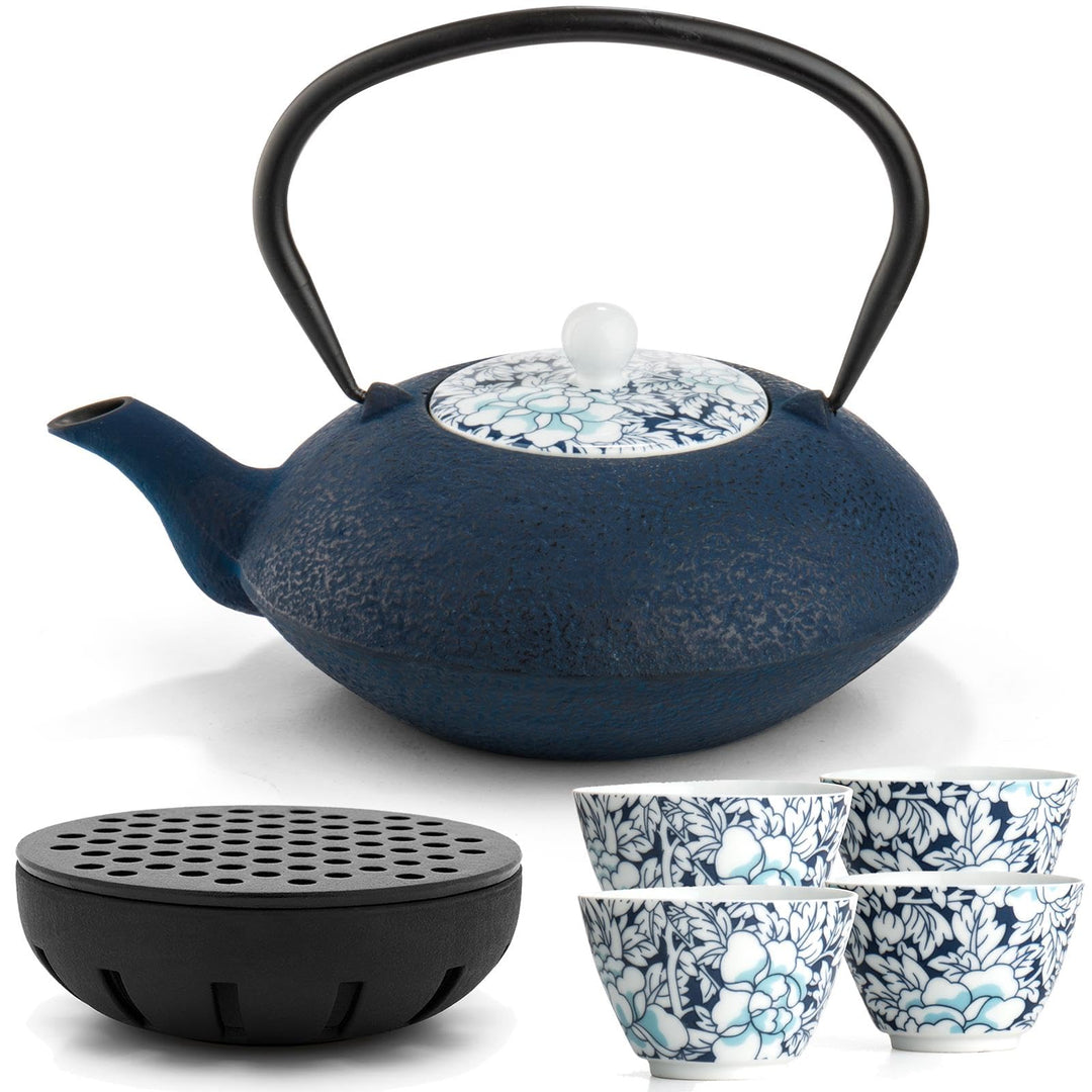Teekanne asiatisch Gusseisen Set blau 1.2 Liter Teekessel mit Edelstahl Tee-Filter-Sieb-Einsatz für
