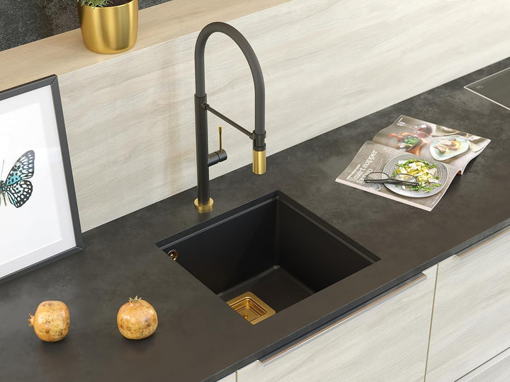 Einbeckenspüle Granitspüle Spüle Küche | Grösse 55 x 42 x 22,5 cm Farbe: Schwarz & Kupfer | DAVID 50