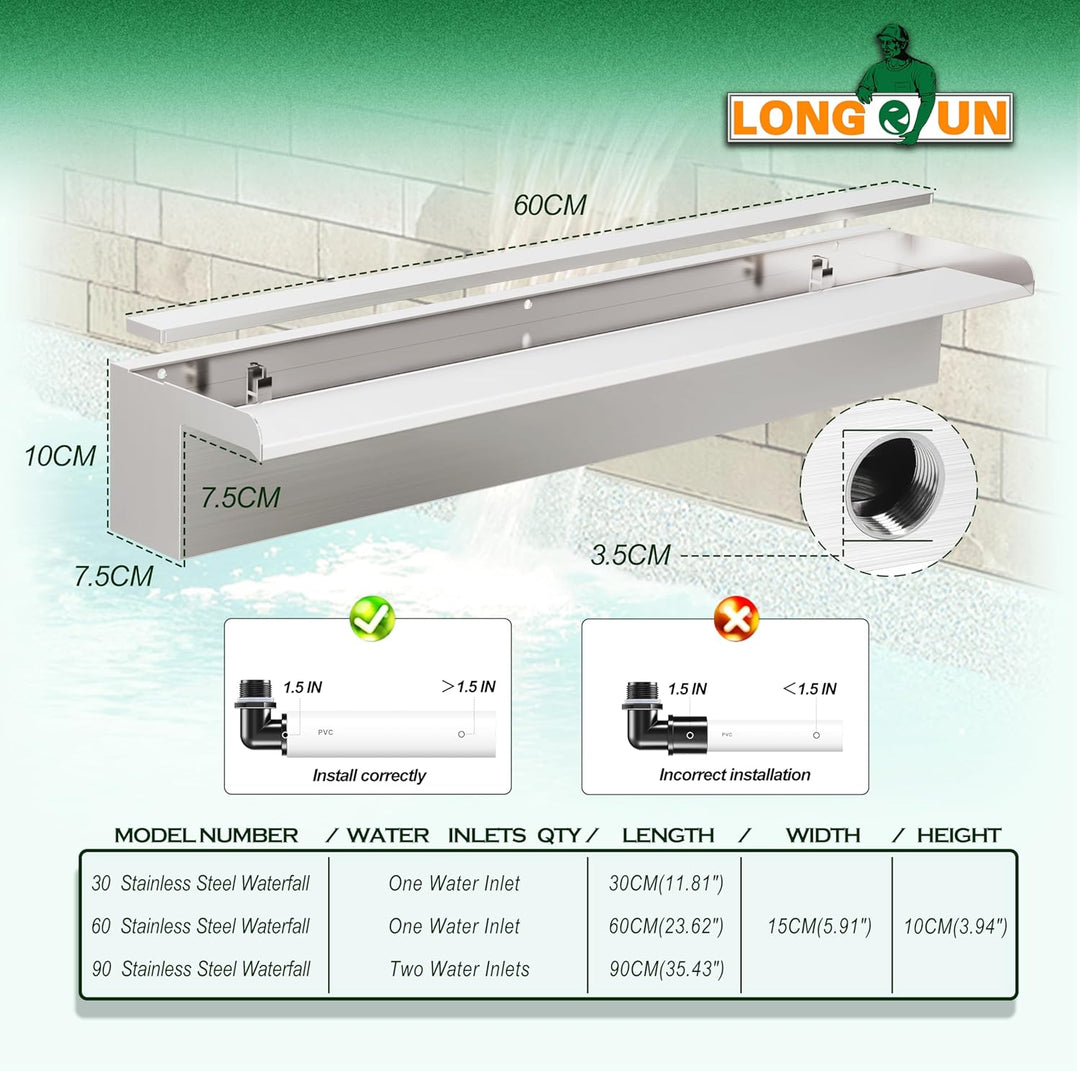 Longrun 60cm Teich Wasserfall Set, 304 Edelstahl Pool Wasserfall Brunnen mit RGB Bluetooth LED und F