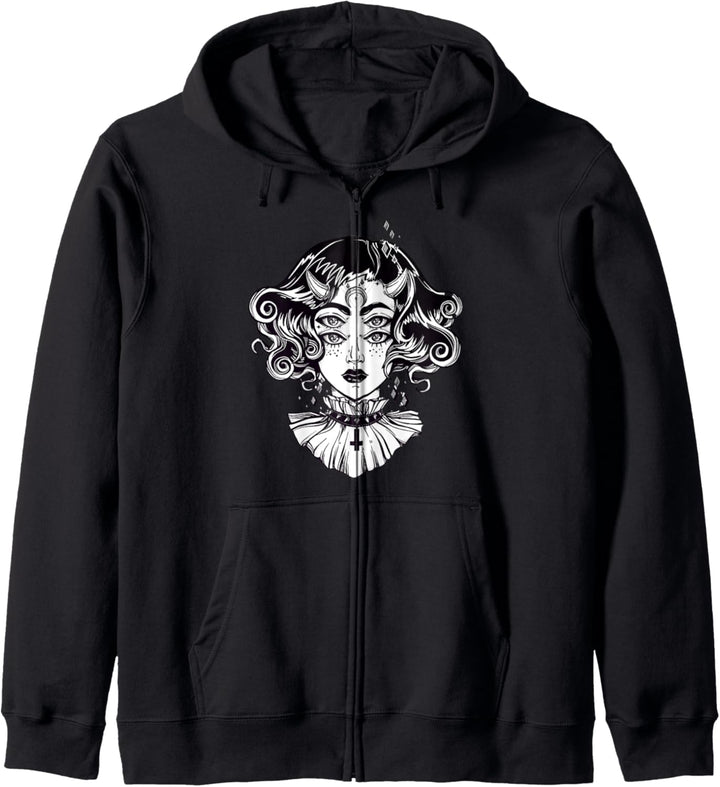 Horned Devil Girl T-Shirt – Satanic Halloween Glitch Gothic Tee Kapuzenjacke