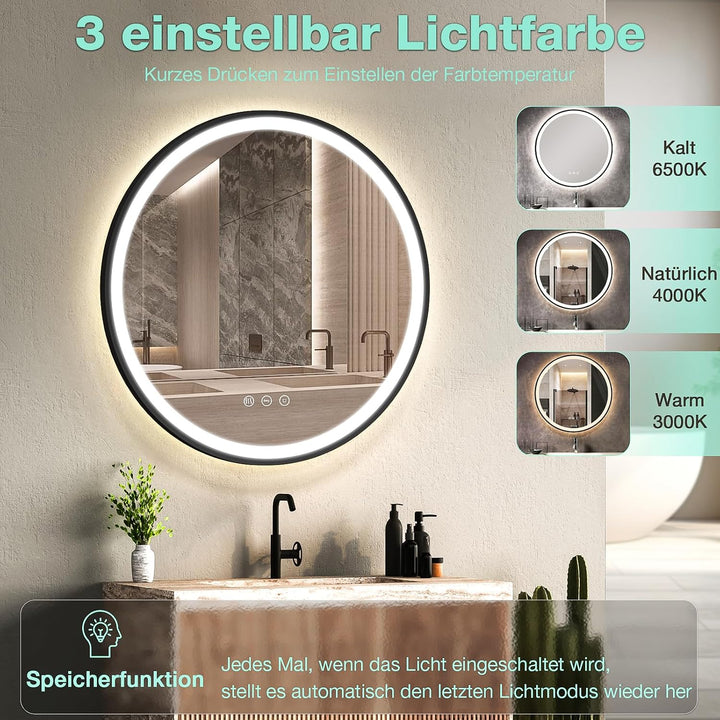 LED Runder Badezimmerspiegel mit Beleuchtung, Antibeschlag, dimmbar, energiesparend, 3 Lichtfarben,