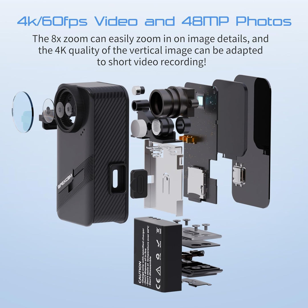 Apexcam K20 Touchscreen Action Cam 4K60FPS 48MP WiFi 8X Zoom EIS 20m Wasserdicht mit 64GB Sportskame