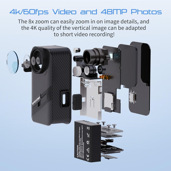 Apexcam K20 Touchscreen Action Cam 4K60FPS 48MP WiFi 8X Zoom EIS 20m Wasserdicht mit 64GB Sportskame