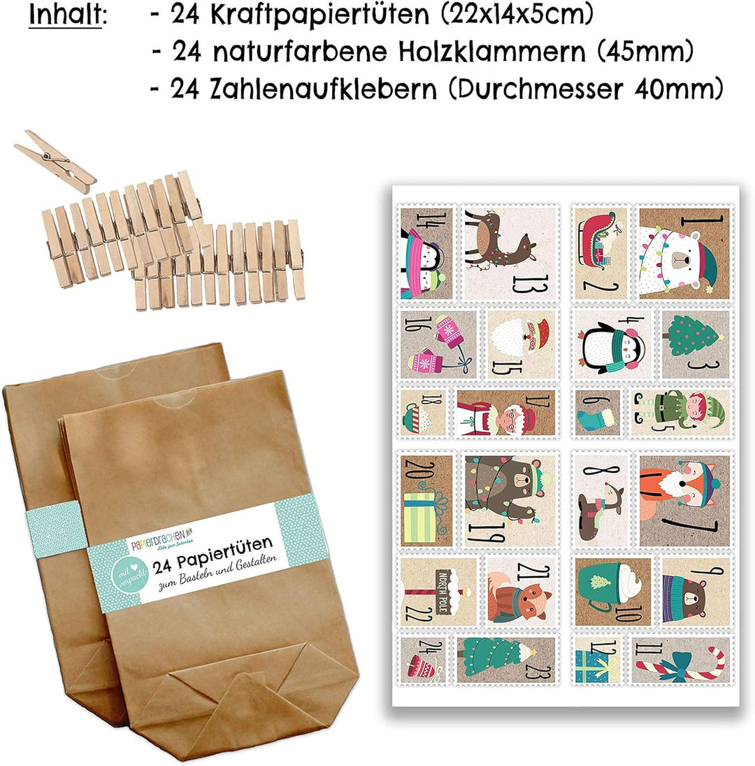 Papierdrachen Adventskalender zum Befüllen - 24 Geschenktüten und 24 Zahlenaufkleber und Klammern -