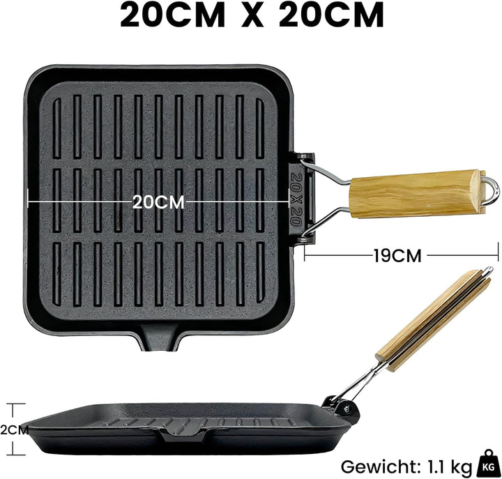 Steakpfanne Gusseisen Grillpfanne Klappbarer Holzgriff: 20×20cm Grill Pan Induktion Viereckige Pfann