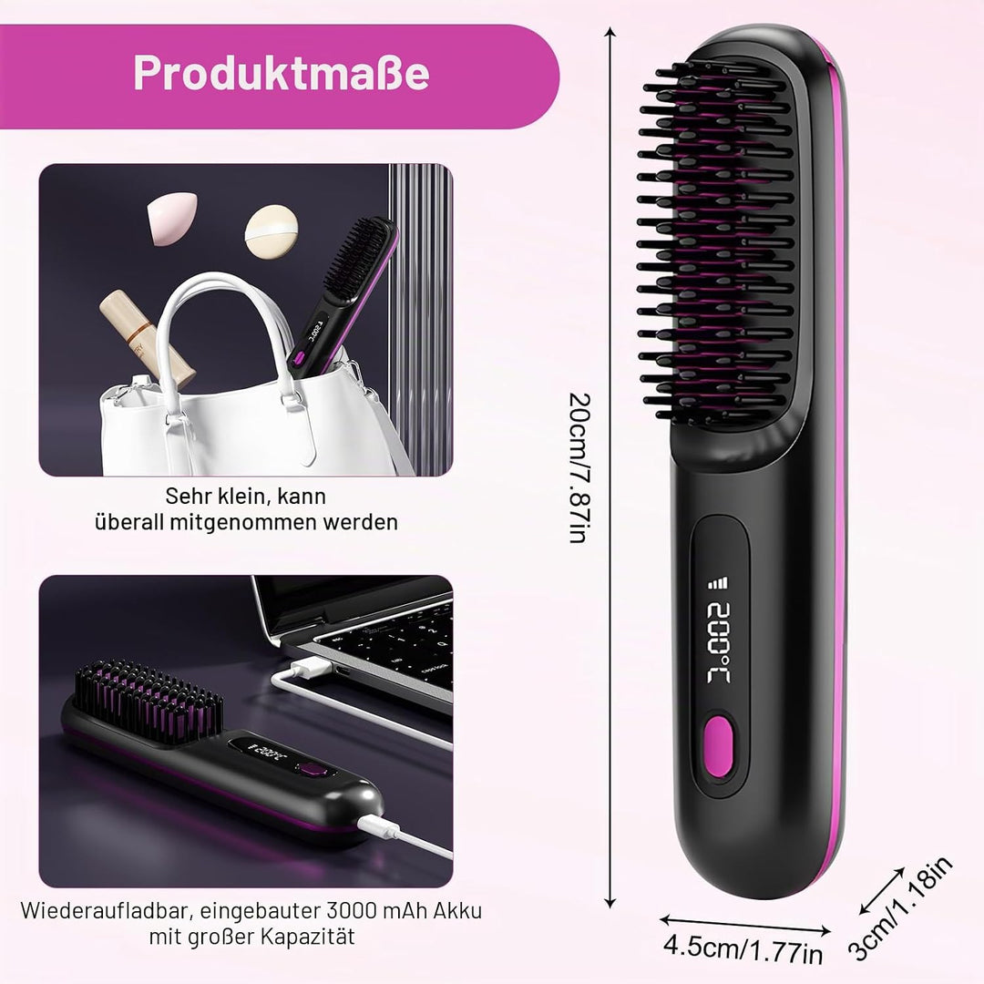 2026 Stylingbürste für kurze Haare Kabellos, LCD Display Glättungsbürste mit 3 Temp-Stufen (160-200°