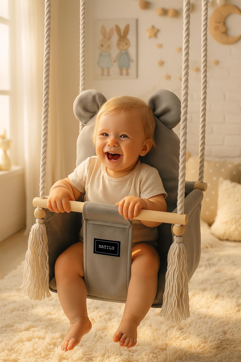 NATILU® Babyschaukel Set mit Sicherheitsgurt Haken Ringe Bär Grey Velvet | Schaukel Baby Indoor Outd