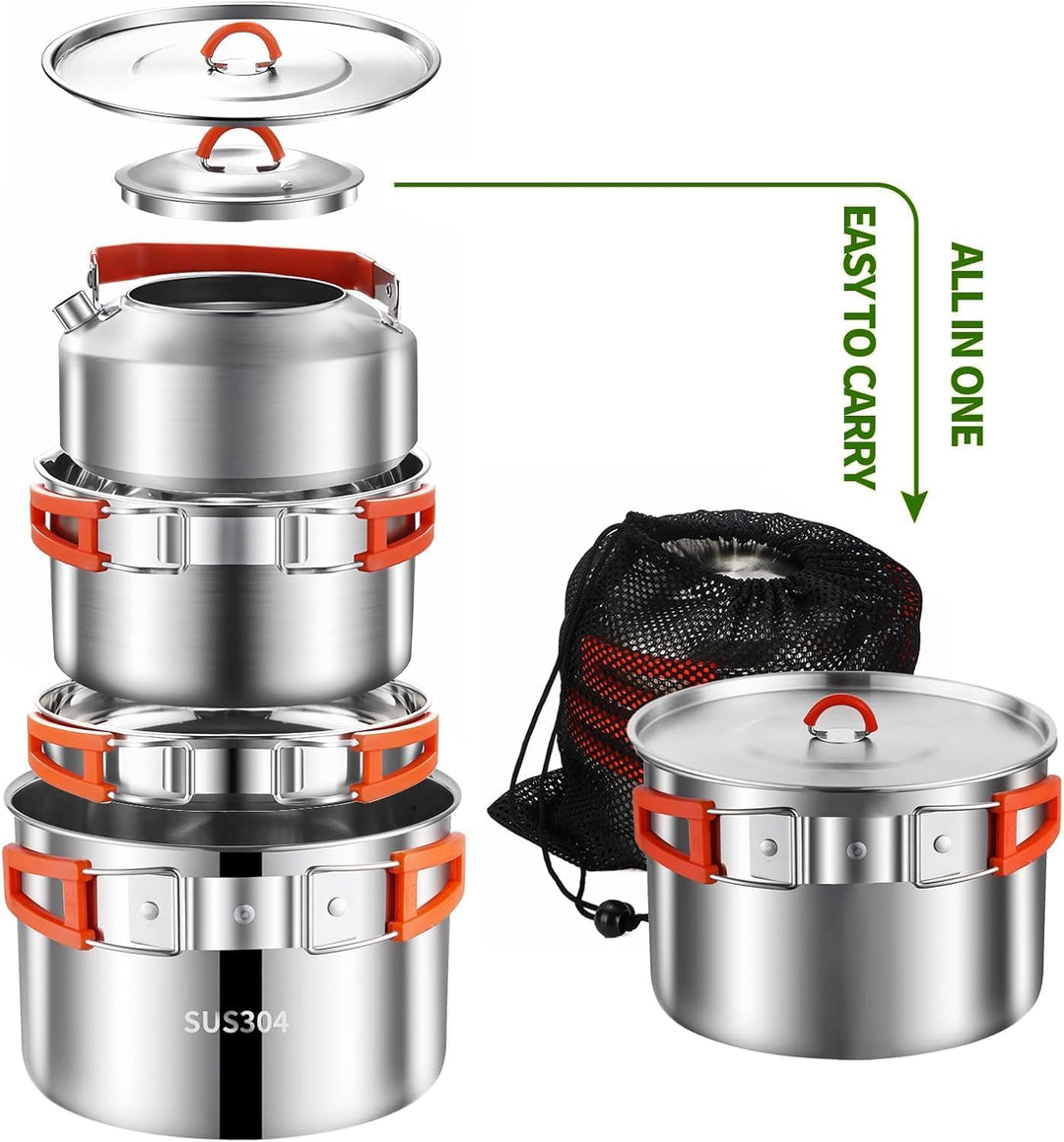 Camping Kochgeschirr Set,Camping Koch Set,304 Edelstahl Campingtöpfe und Pfannen Set,Campinggeräte f