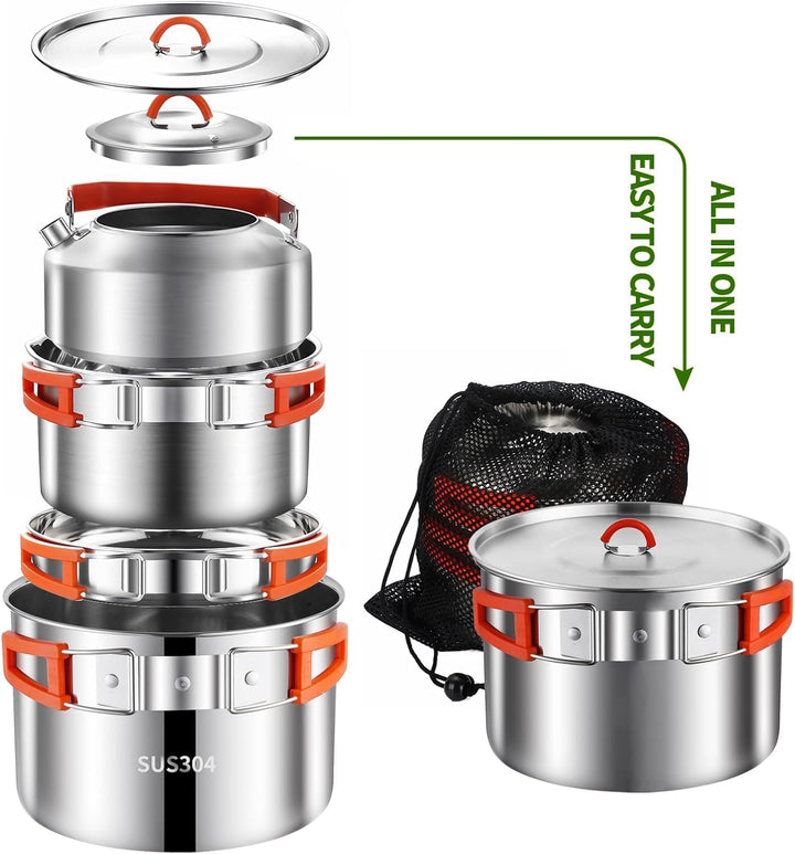 Camping Kochgeschirr Set,Camping Koch Set,304 Edelstahl Campingtöpfe und Pfannen Set,Campinggeräte f