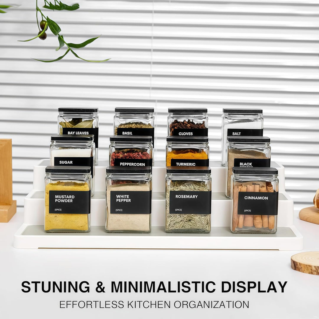 Gewürzgläser Eckig mit Holzdecke, [12x 120ml] + 88 Wasserfeste Etiketten - Gewürzdosen Set Glas - Ge