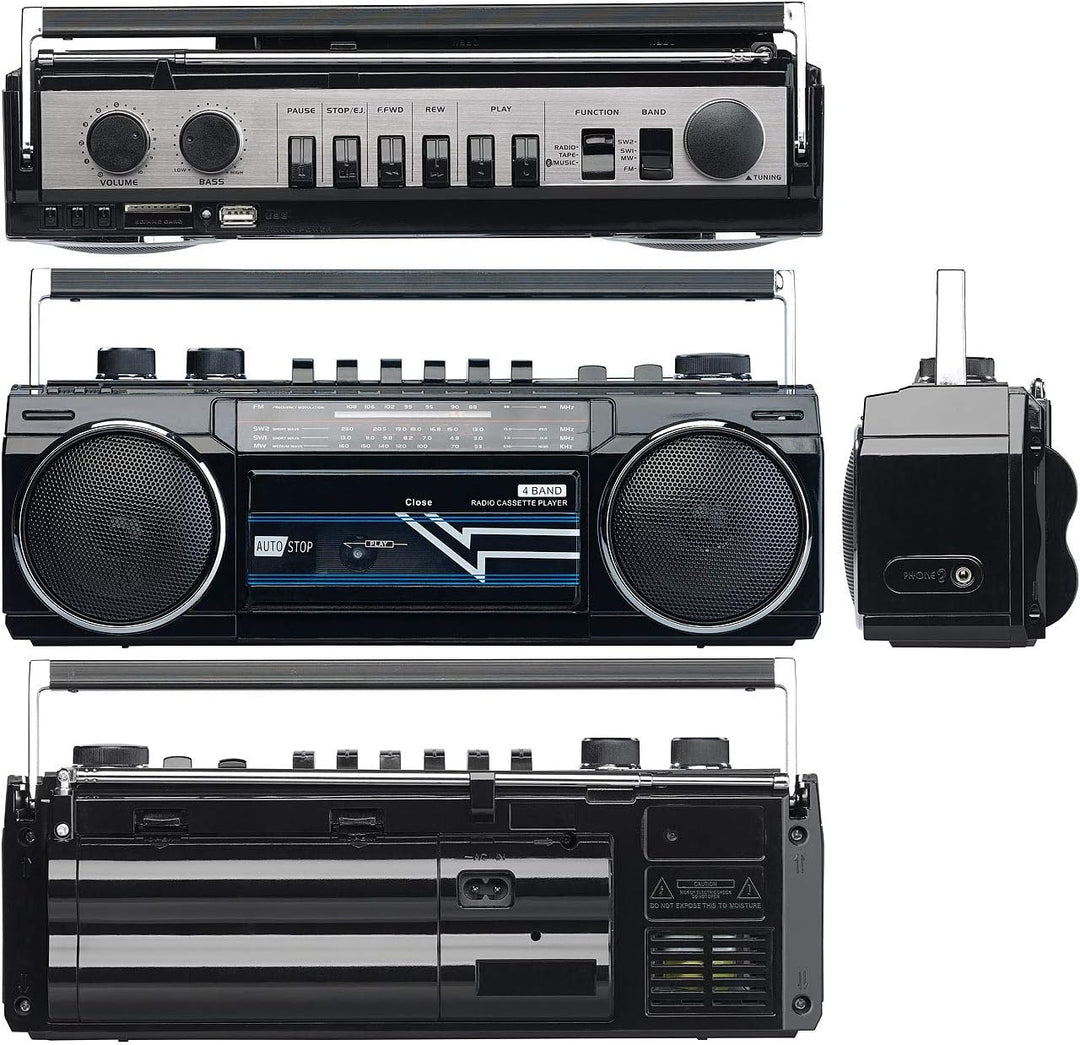 auvisio Kassettenrecorder: Retro-Boombox mit Kassetten-Player, Radio, USB, SD & Bluetooth, 8 Watt (R