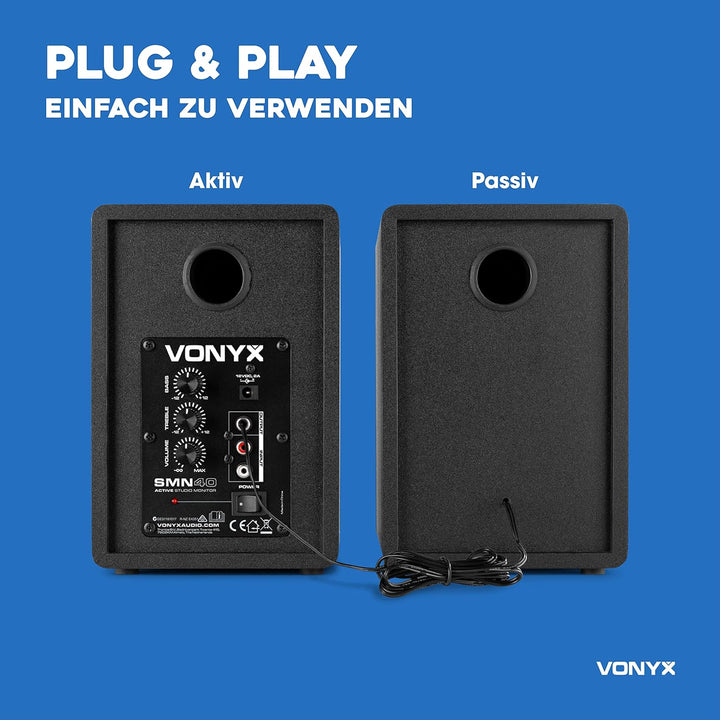 VONYX SMN40B - Studio Monitor, Aktiv Lautsprecher Set, 100 Watt, 4 Zoll Studiolautsprecher Set, DJ M