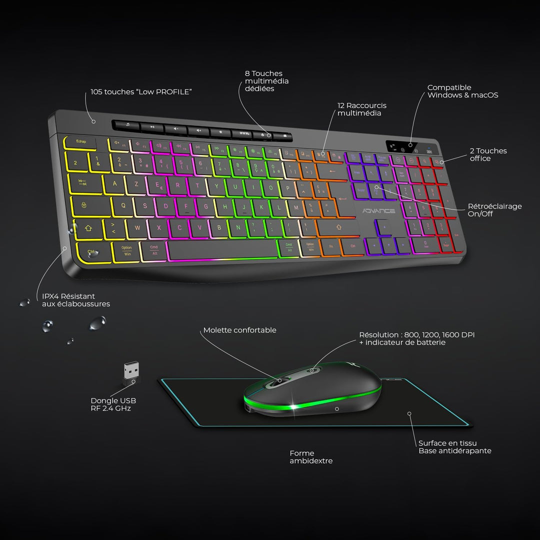 A: Beleuchtetes kabelloses Tastatur- und Maus-Set, 2,4 GHz, wiederaufladbar, RGB-Hintergrundbeleucht