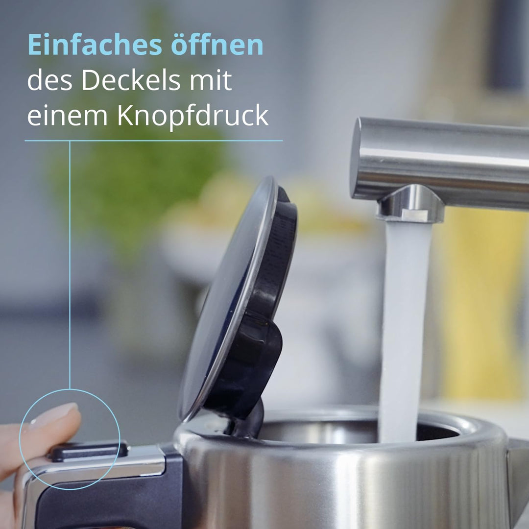 KHG Wasserkocher WK-105 ES Edelstahl | 1l Kapazität | LED | Kalkfilter | Wasserstandsanzeige | Öffne