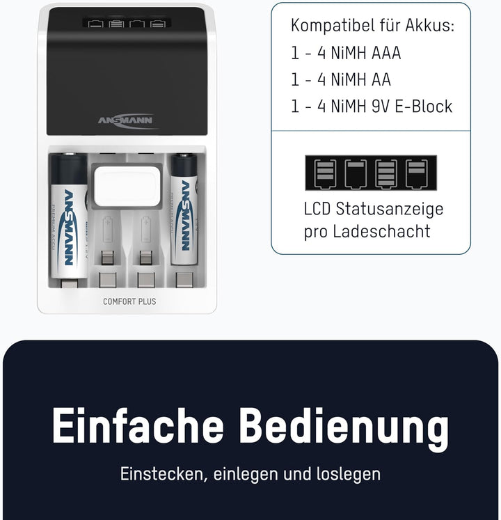 ANSMANN Comfort Plus Akkuladegerät + 4× AA 2800mAh Akkus- kompatibel für 1-4 NiMH Akkus Micro AAA/Mi