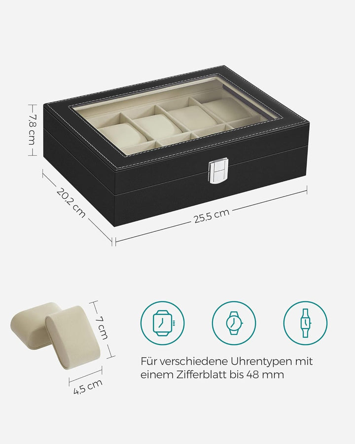 SONGMICS Uhrenbox mit 10 Fächern, Uhrenkasten, Glasdeckel, Uhrenkoffer, herausnehmbare Uhrenkissen,
