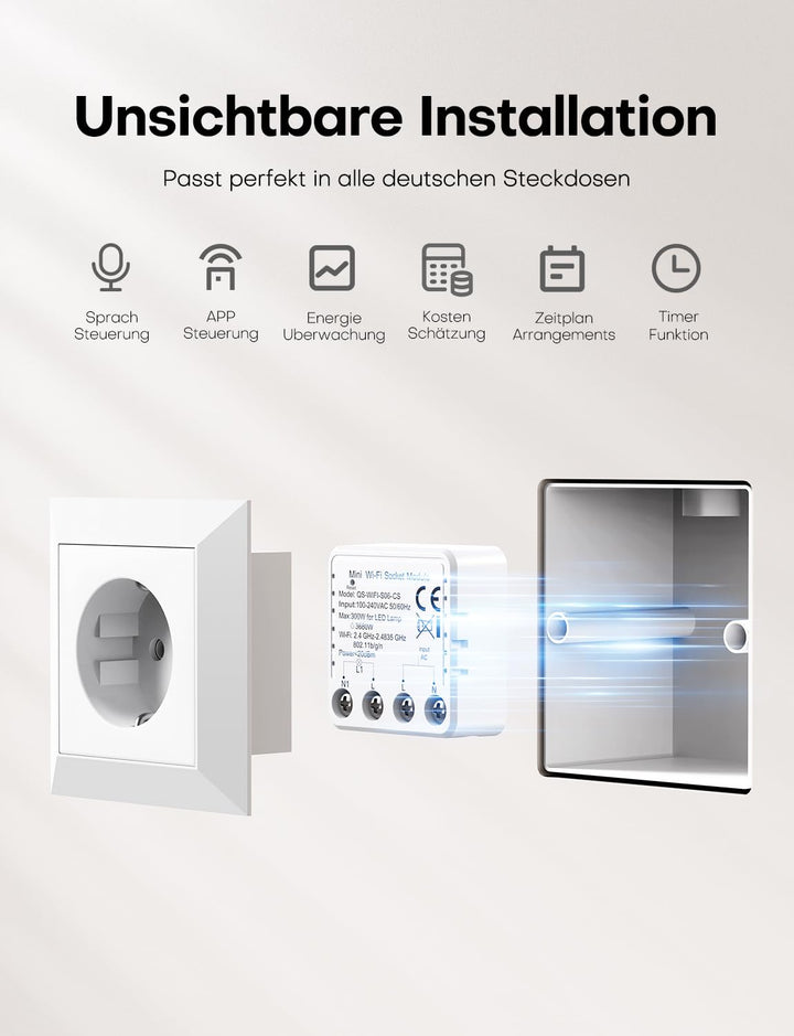 Maxcio Smart Steckdose Modul mit Strommessung 16A 3680W, Stromzähler Steckdose mit Zeitschaltuhr, St