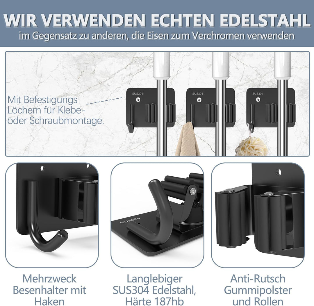 3-H Besenhalterung Wand Selbstklebend, 6 Stück Gerätehalter Besenhalter ohne Bohren, Edelstahl Besen