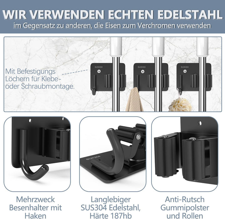 3-H Besenhalterung Wand Selbstklebend, 6 Stück Gerätehalter Besenhalter ohne Bohren, Edelstahl Besen