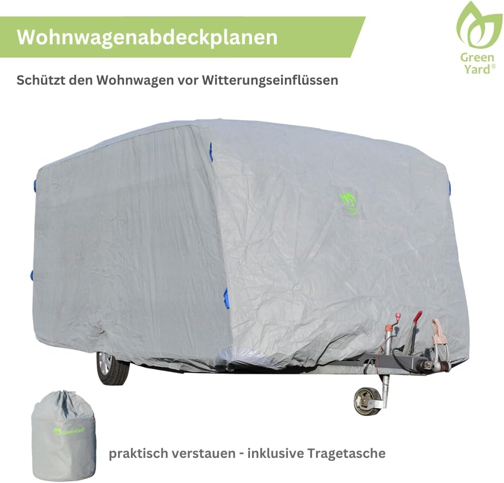 GreenYard® Wohnwagen Abdeckplane mit Reflektorstreifen | Grösse XXL 730 x 250 x 220 cm | Camping Sch