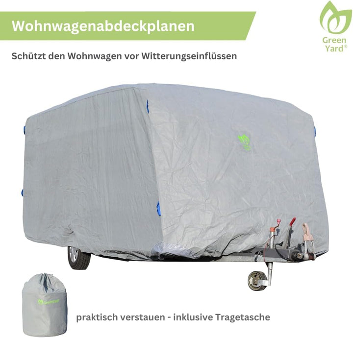 GreenYard® Wohnwagen Abdeckplane mit Reflektorstreifen | Grösse XXL 730 x 250 x 220 cm | Camping Sch