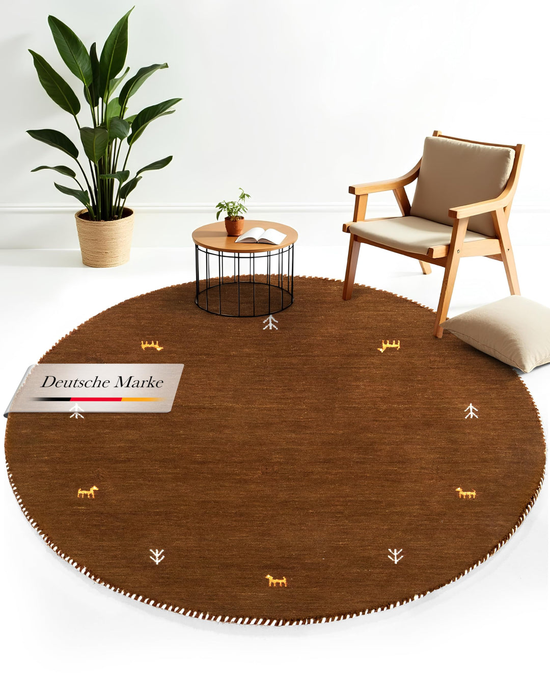 carpetfine Wollteppich Gabbeh Uni Rund Braun Ø 80 | Moderner Teppich für Wohn- und Schlafzimmer Ø 80