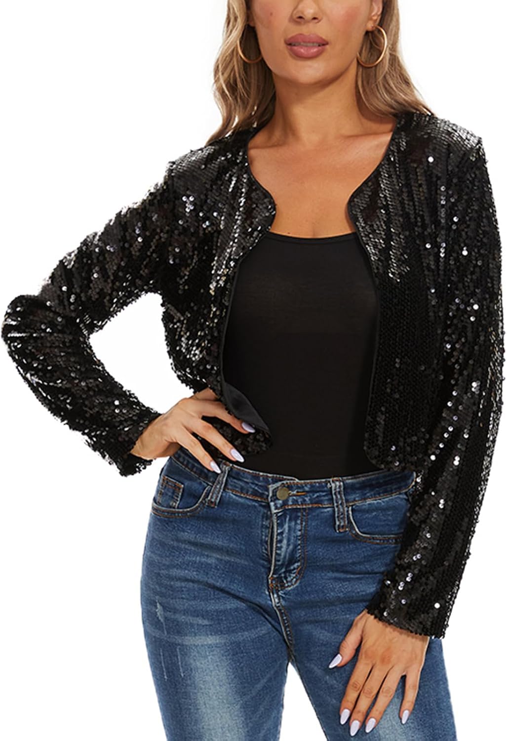 MINTLIMIT Damen Pailletten Strickjacke Kurz Offene Cardigan Langarm Bolero Dünne Elegant Hakenversch