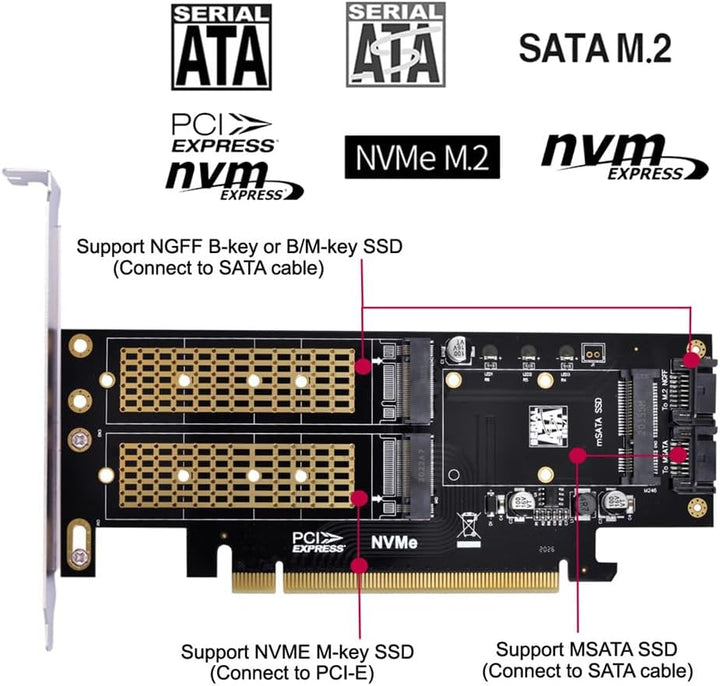 xiwai PCI Express PCI-E 3.0 und Dual SATA auf NGFF NVME MSATA M-Key B/M-Key SSD Adapter 3-in-1 PCI-E