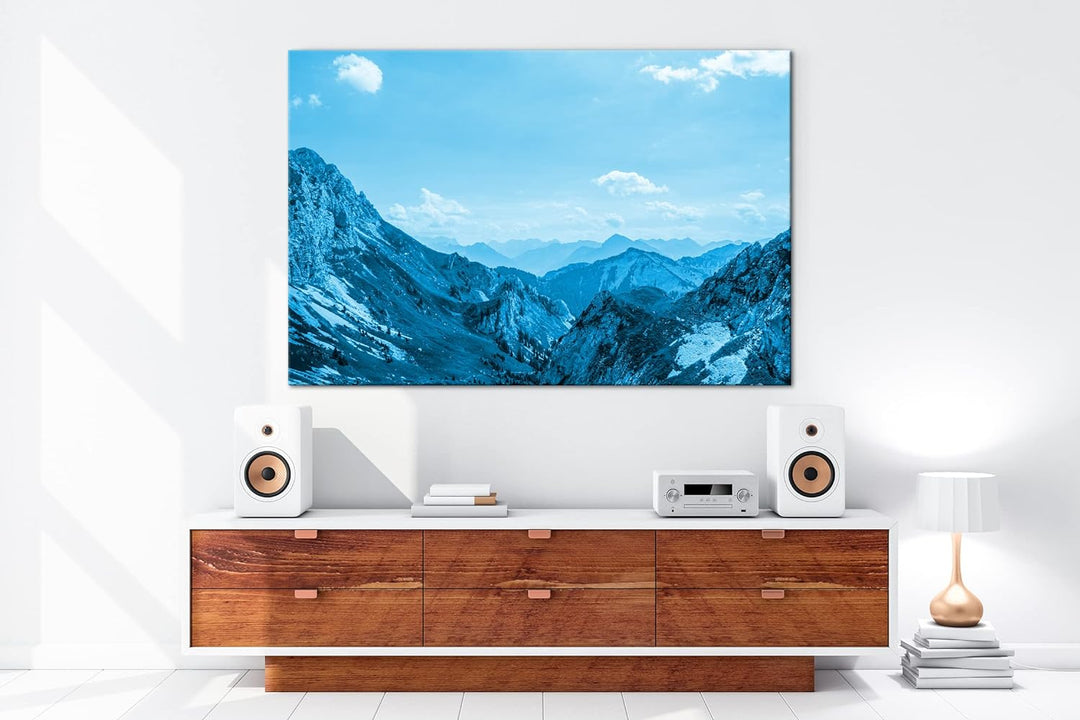 atemberaubender Ausblick in den Alpen Format 80x60 Effekt: Monocrome Blau als Leinwandbild, Motiv fe