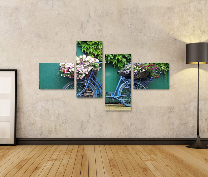 islandburner Bild auf Leinwand Fahrrad Blumen Bilder Wandbilder Poster Leinwand 150x80cm - 4 Teile,